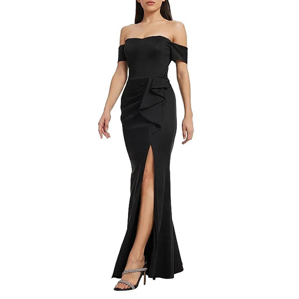 NWT, Dress the Population Gabrielle Stretch Satin Gown Black Size L #MD481